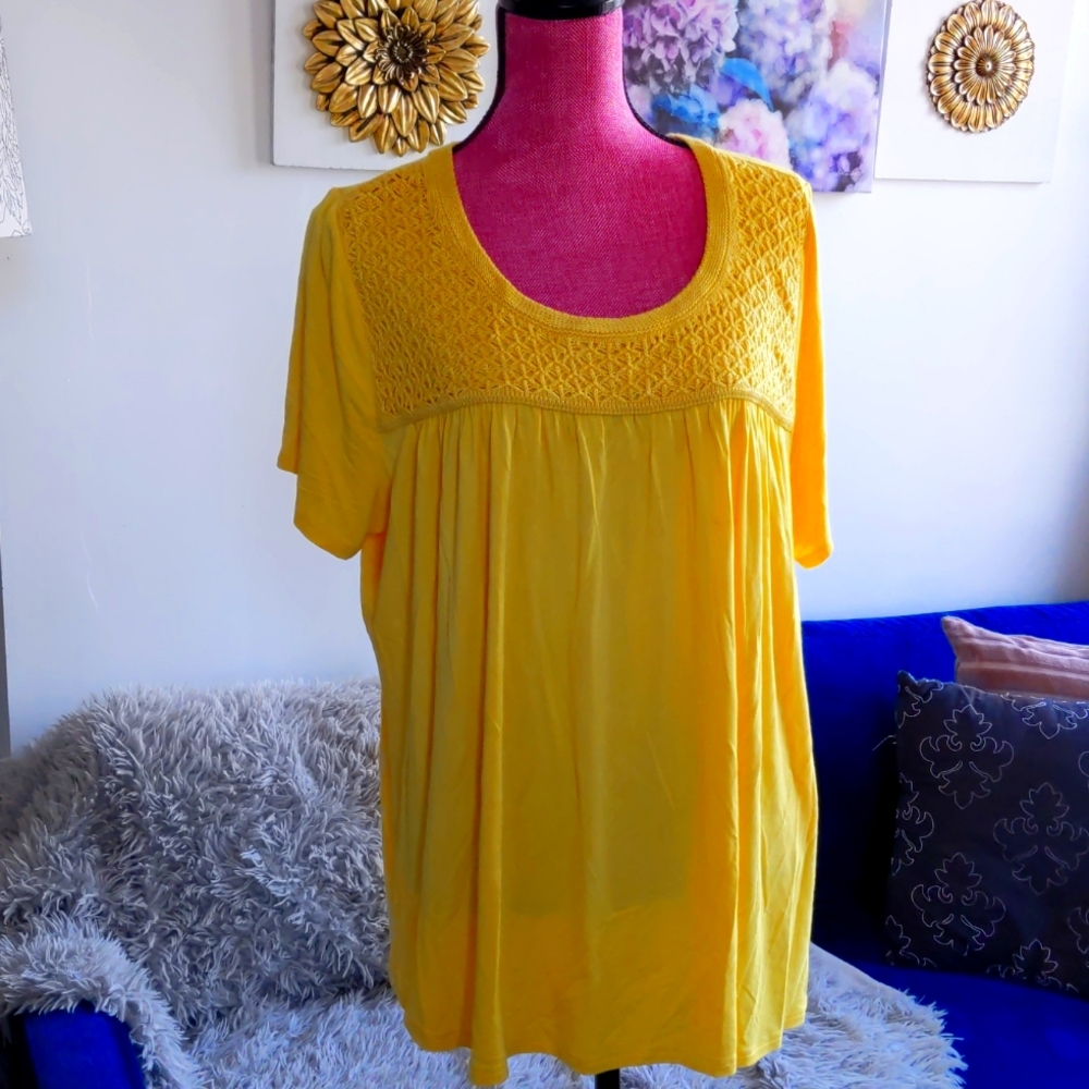 Yellow Flowy Top Crochet Detail Plus Size 1x Croft&Barrow